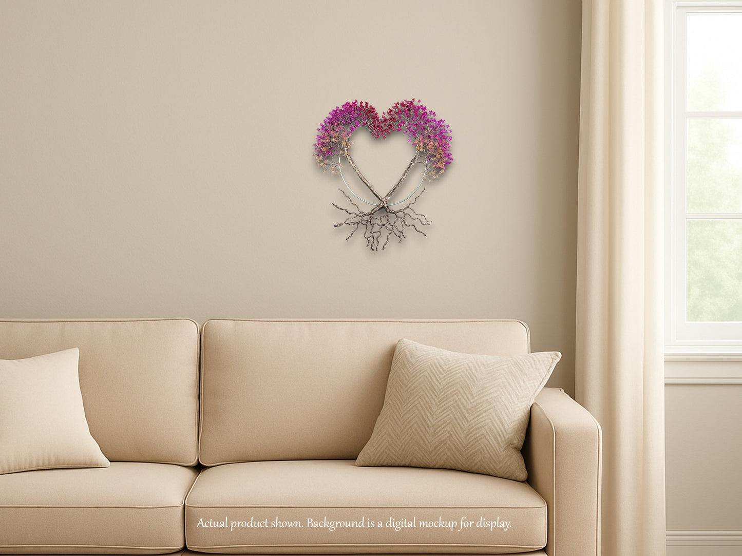 Beige sofa with decorative pillows in a room with a heart-shaped wall art piece.