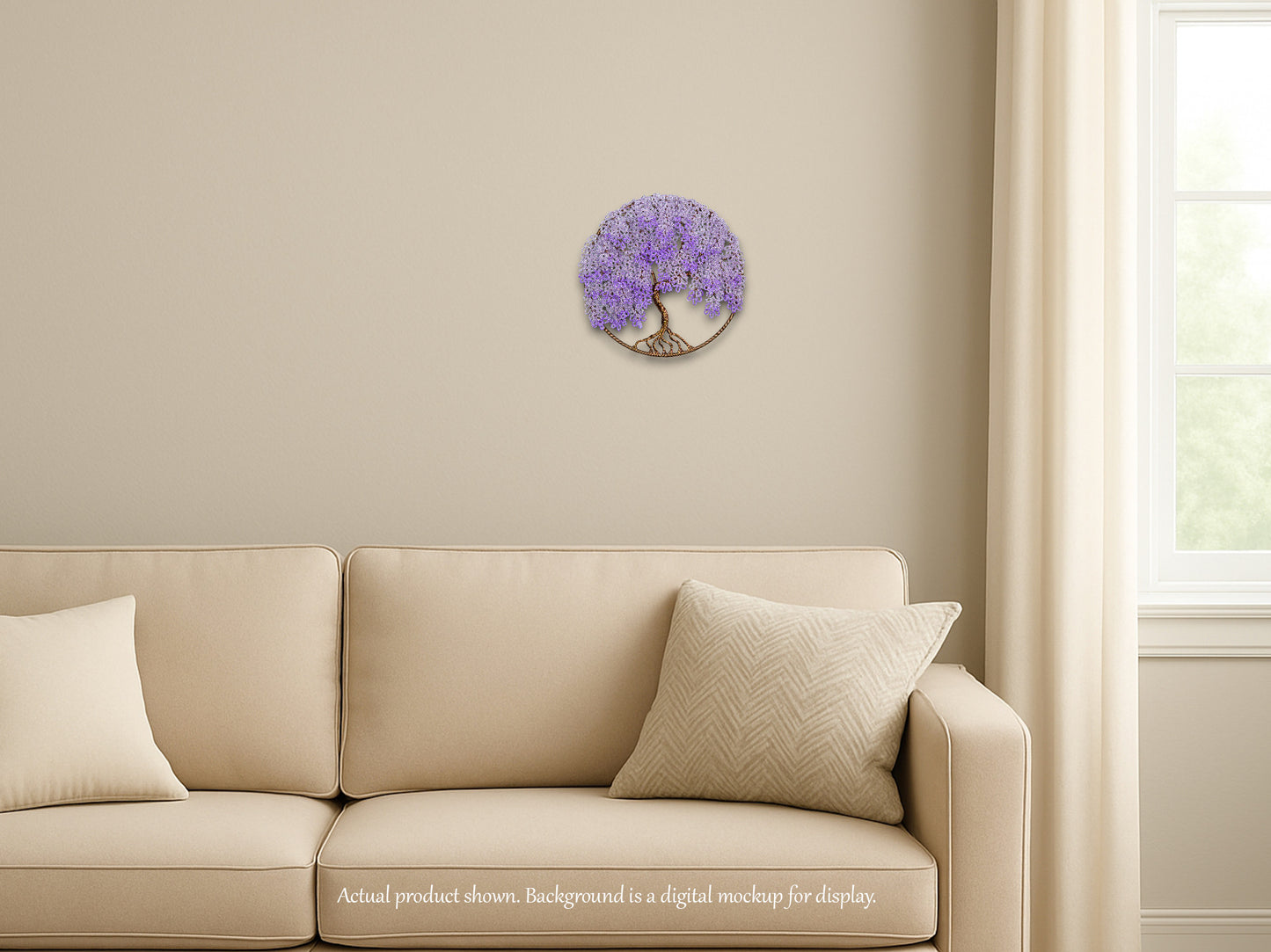 Beige sofa with decorative pillows against a beige wall with a purple wall art piece.