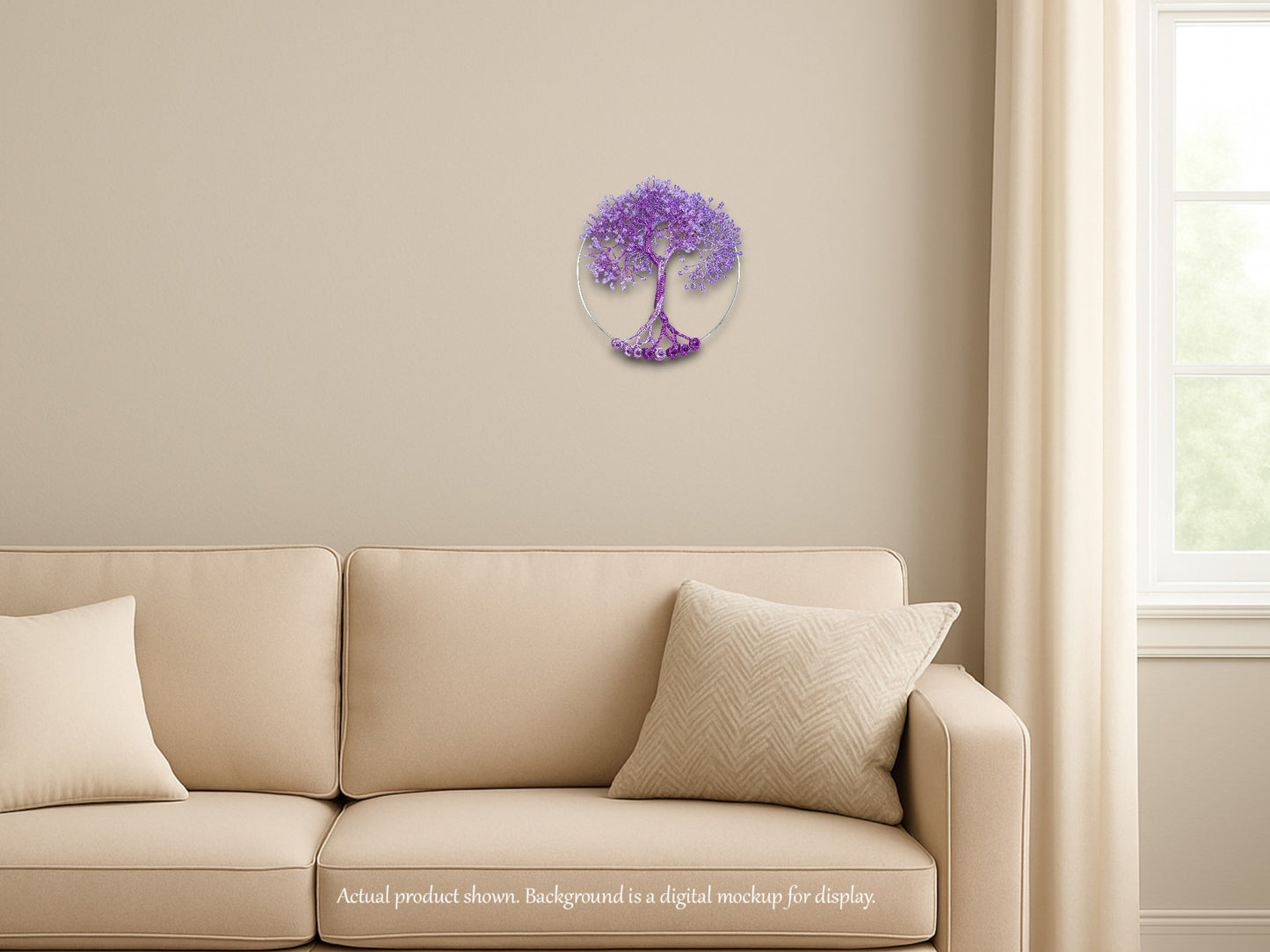 Decorative purple wall clock on a beige wall above a beige sofa.