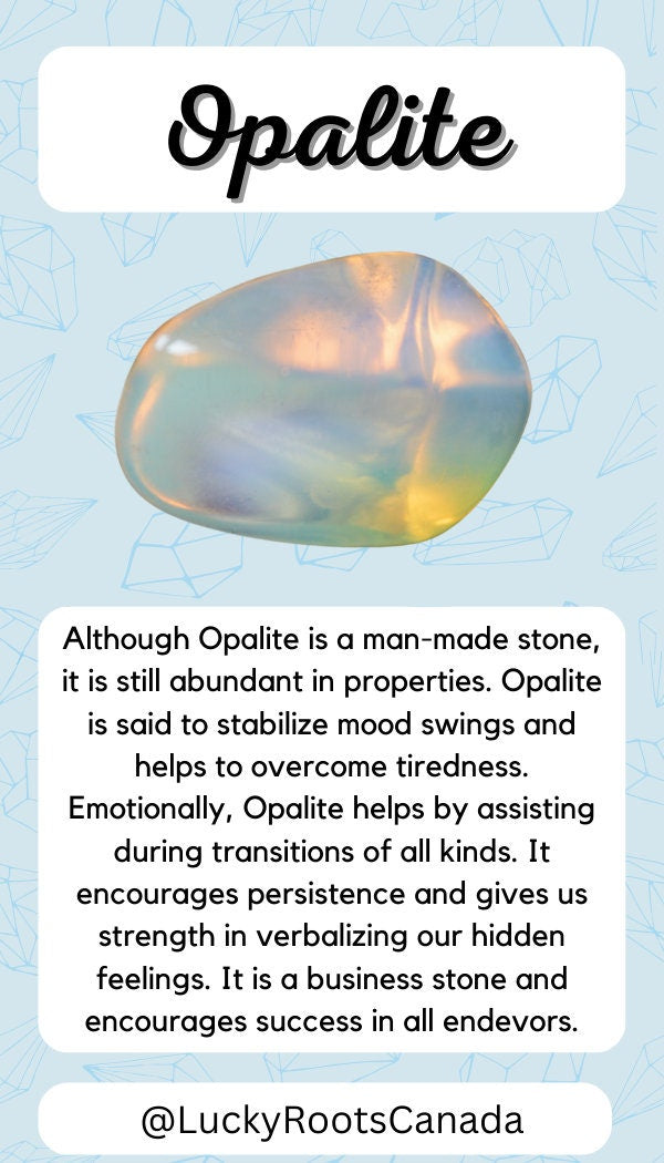 Opalite stone with descriptive text on a light blue background
