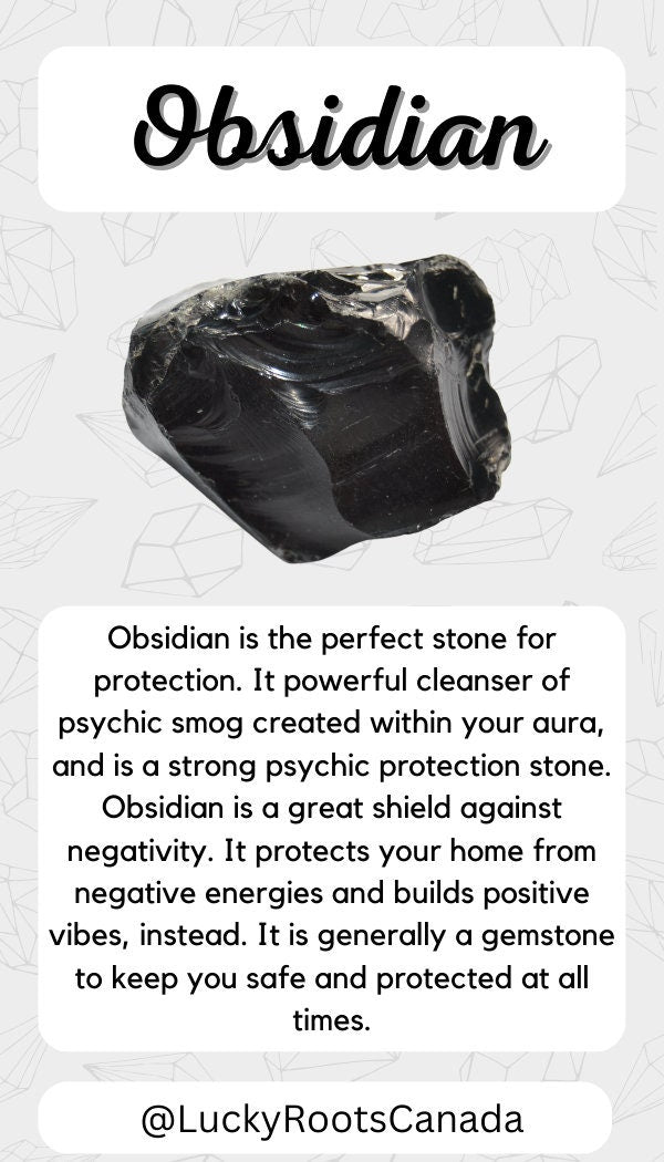 Obsidian stone with text about its properties on a light gray background