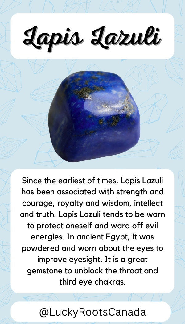 Lapis Lazuli stone with descriptive text on a light blue background