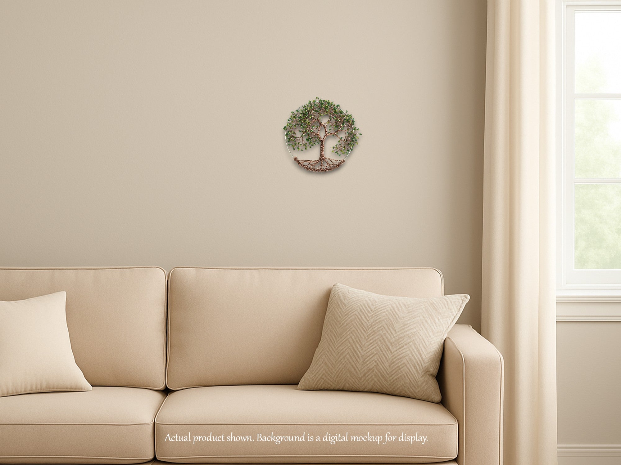 Beige sofa with decorative pillows in a room with a neutral color scheme.