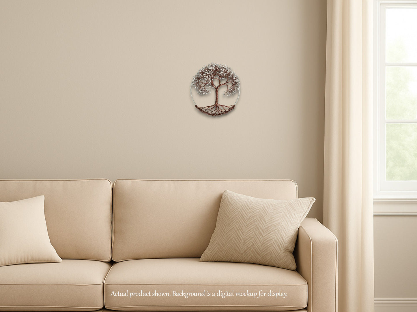 Beige sofa with decorative pillows in a living room setting, featuring a wall clock.