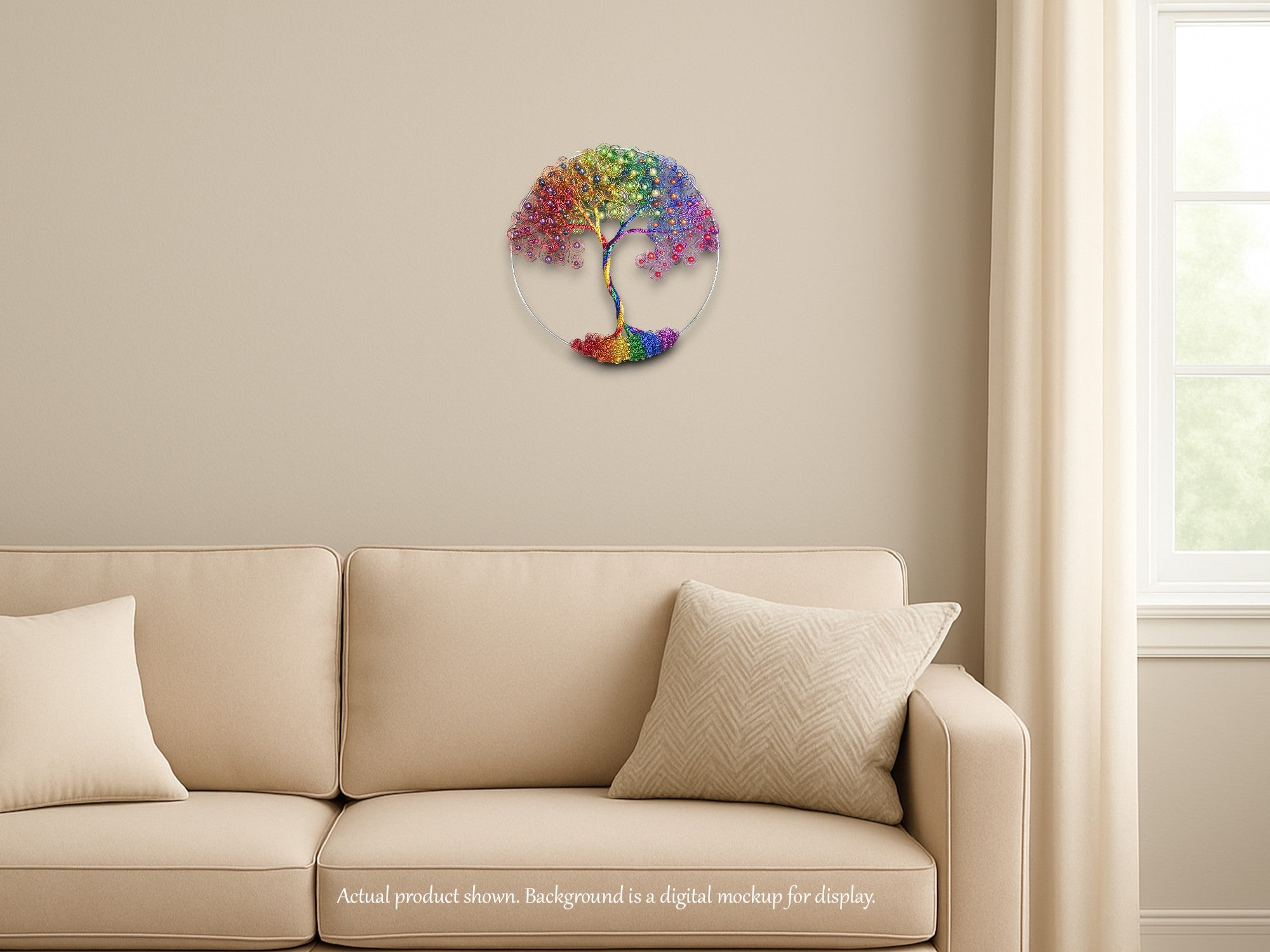 Colorful tree wall clock on a beige wall above a beige sofa.