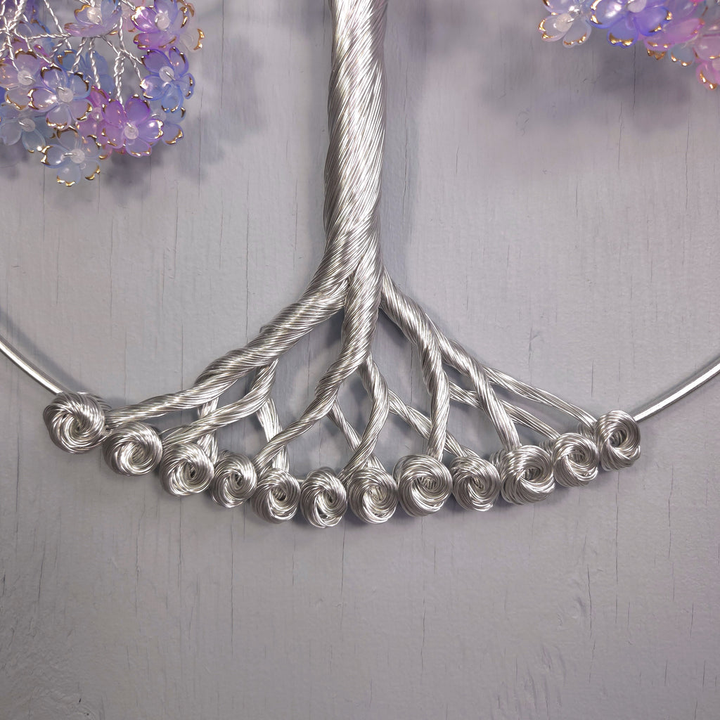 Large Purple, Blue Flower Wall Hanging Wire Tree - 14 Inches