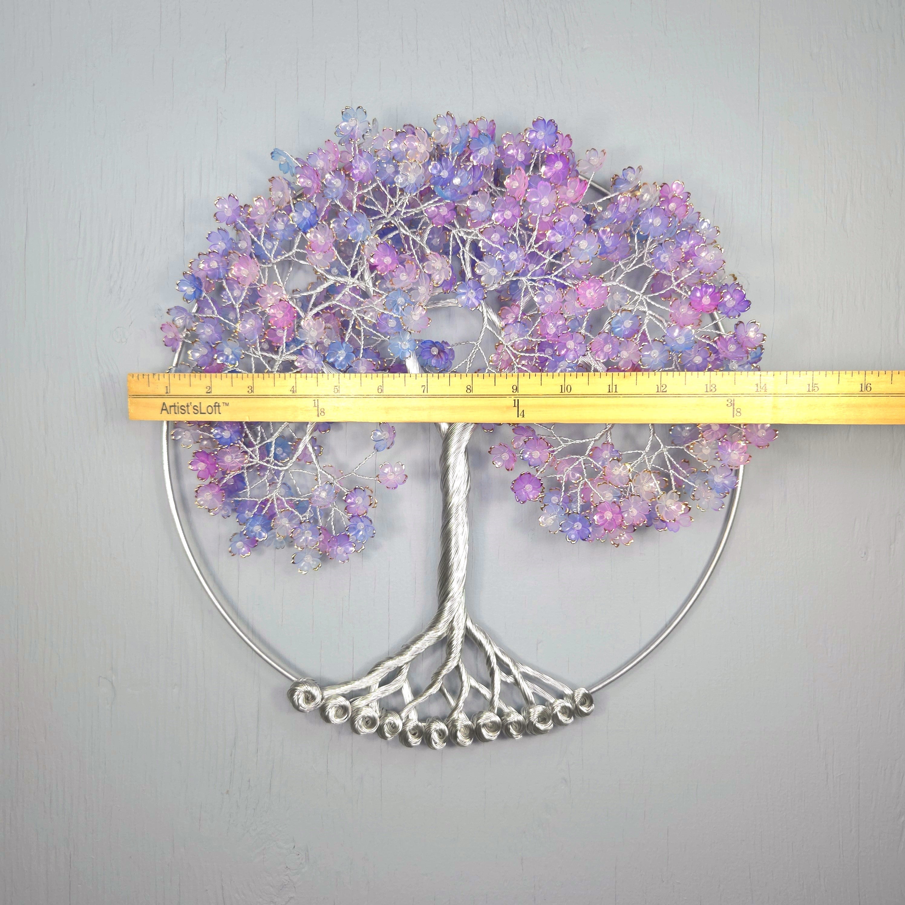 Large Purple, Blue Flower Wall Hanging Wire Tree - 14 Inches
