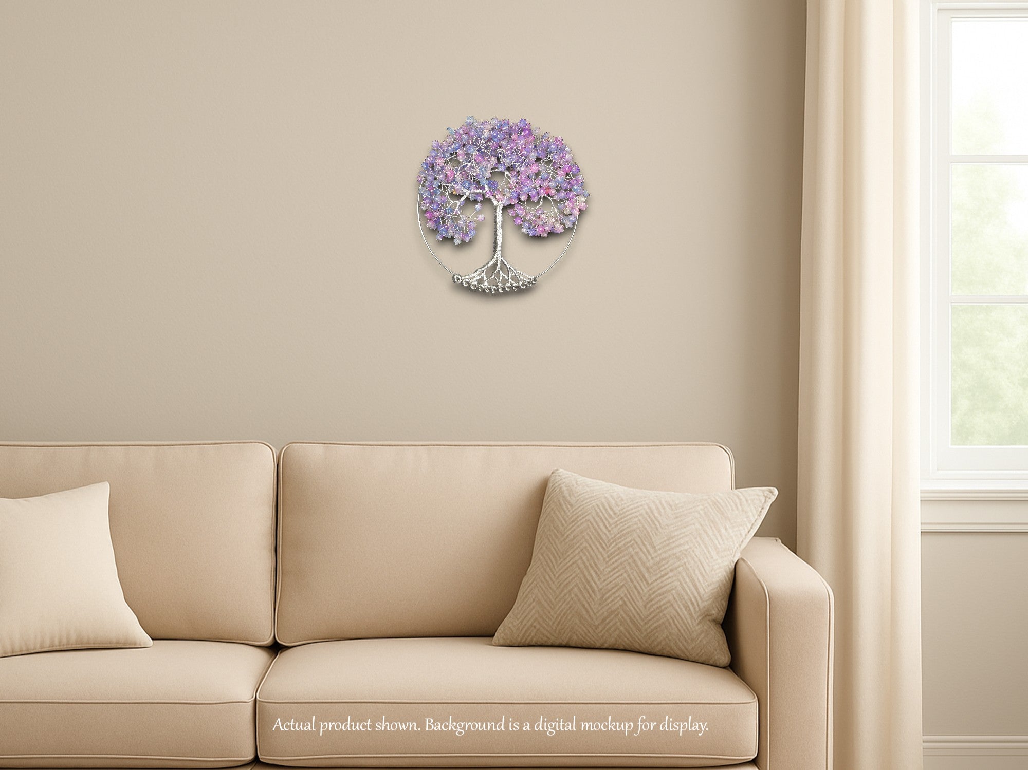 Decorative wall piece resembling a tree with purple flowers on a beige wall above a beige sofa.