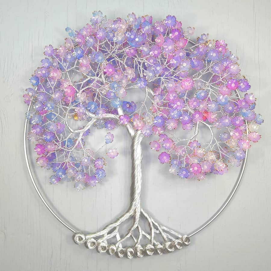 Large Purple, Blue Flower Wall Hanging Wire Tree - 14 Inches