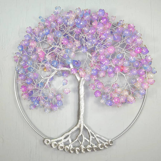Large Purple, Blue Flower Wall Hanging Wire Tree - 14 Inches