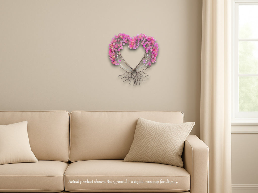Heart-shaped wall decoration with pink flowers on a beige wall above a beige sofa.