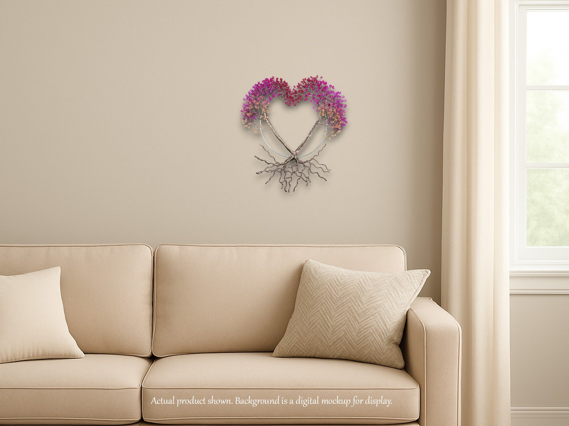 Beige sofa with decorative pillows in a room with a heart-shaped wall art piece.