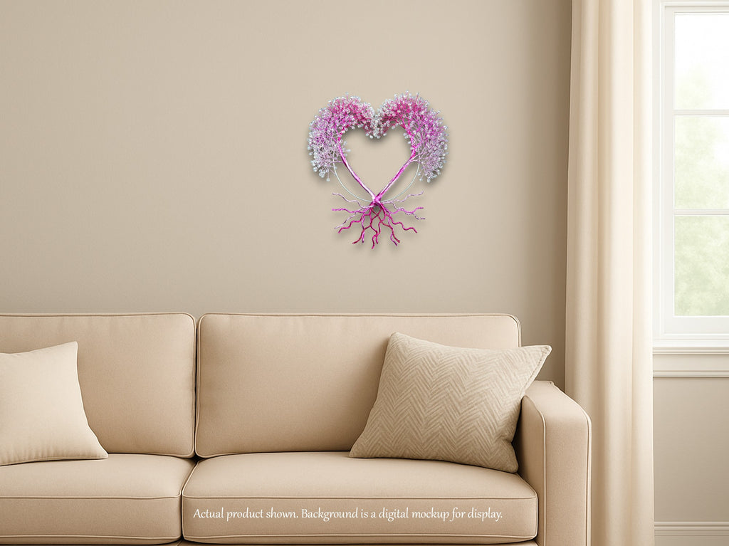Heart-shaped wall decoration with pink flowers on a beige wall above a beige sofa.