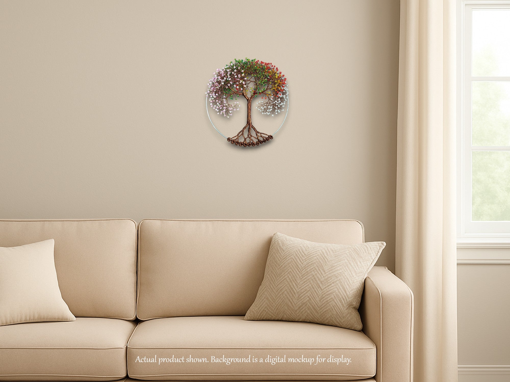 Decorative wall clock with tree design on a beige wall above a beige sofa.