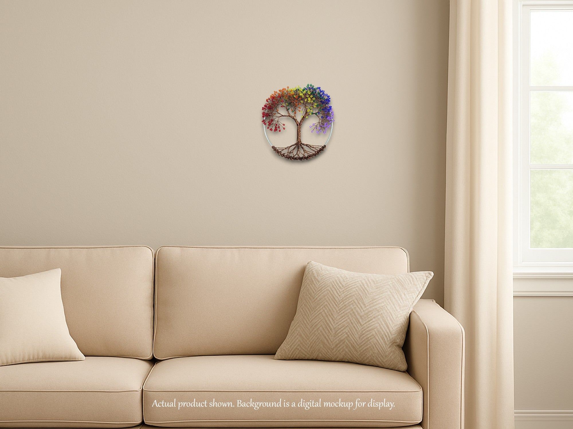 Decorative wall clock with a tree design on a beige wall above a beige sofa.