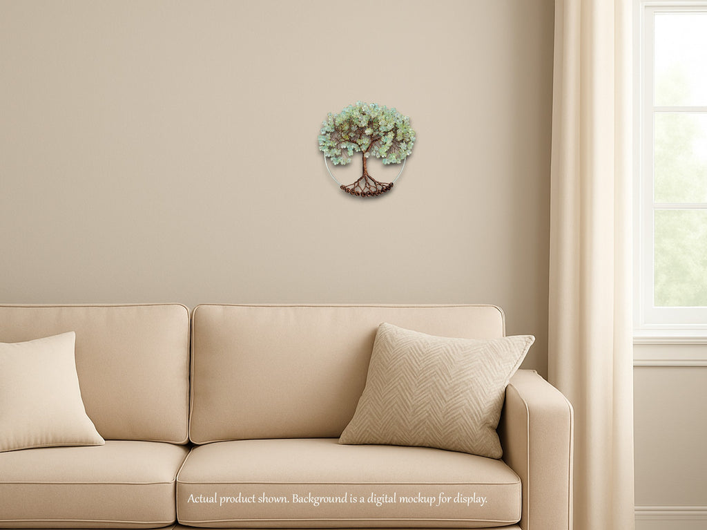 Beige sofa with decorative pillows in a room with a wall clock featuring a tree design.