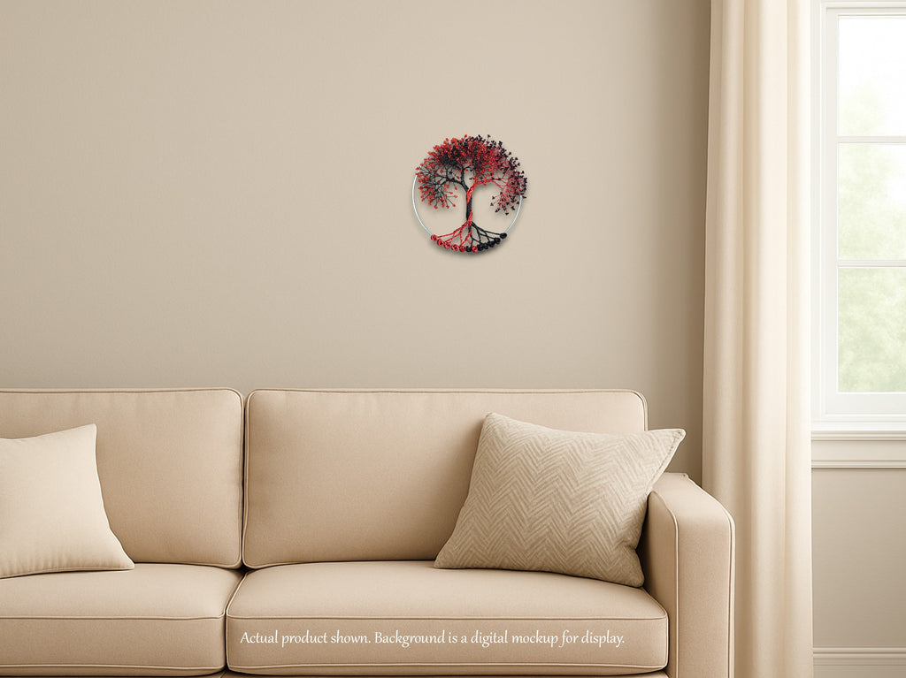 Decorative wall clock on a beige wall above a beige sofa with white cushions.