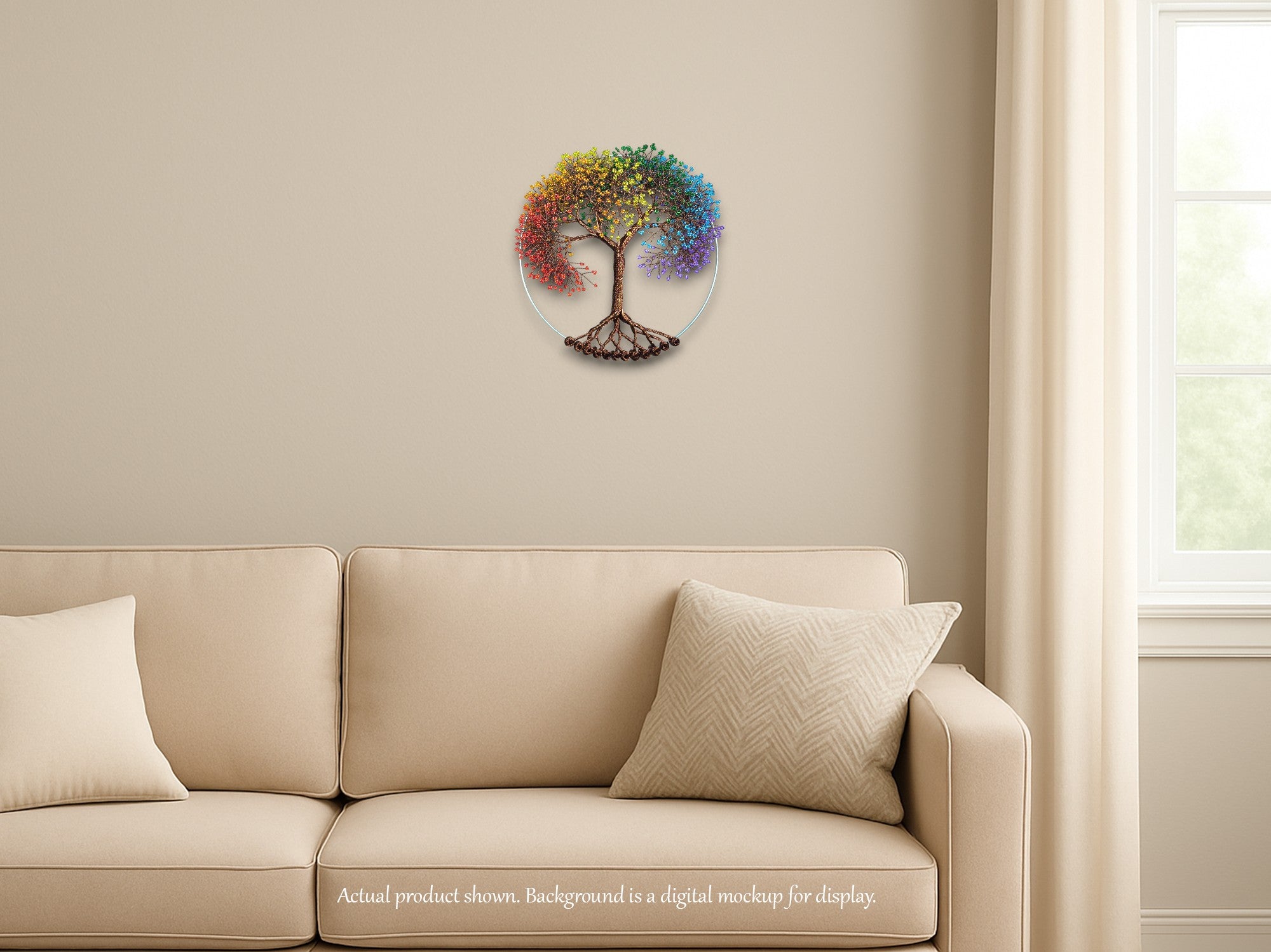 Decorative wall piece with a colorful tree design above a beige sofa.