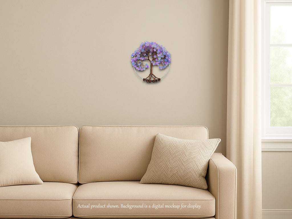 Decorative wall piece on a beige wall above a beige sofa with decorative pillows.