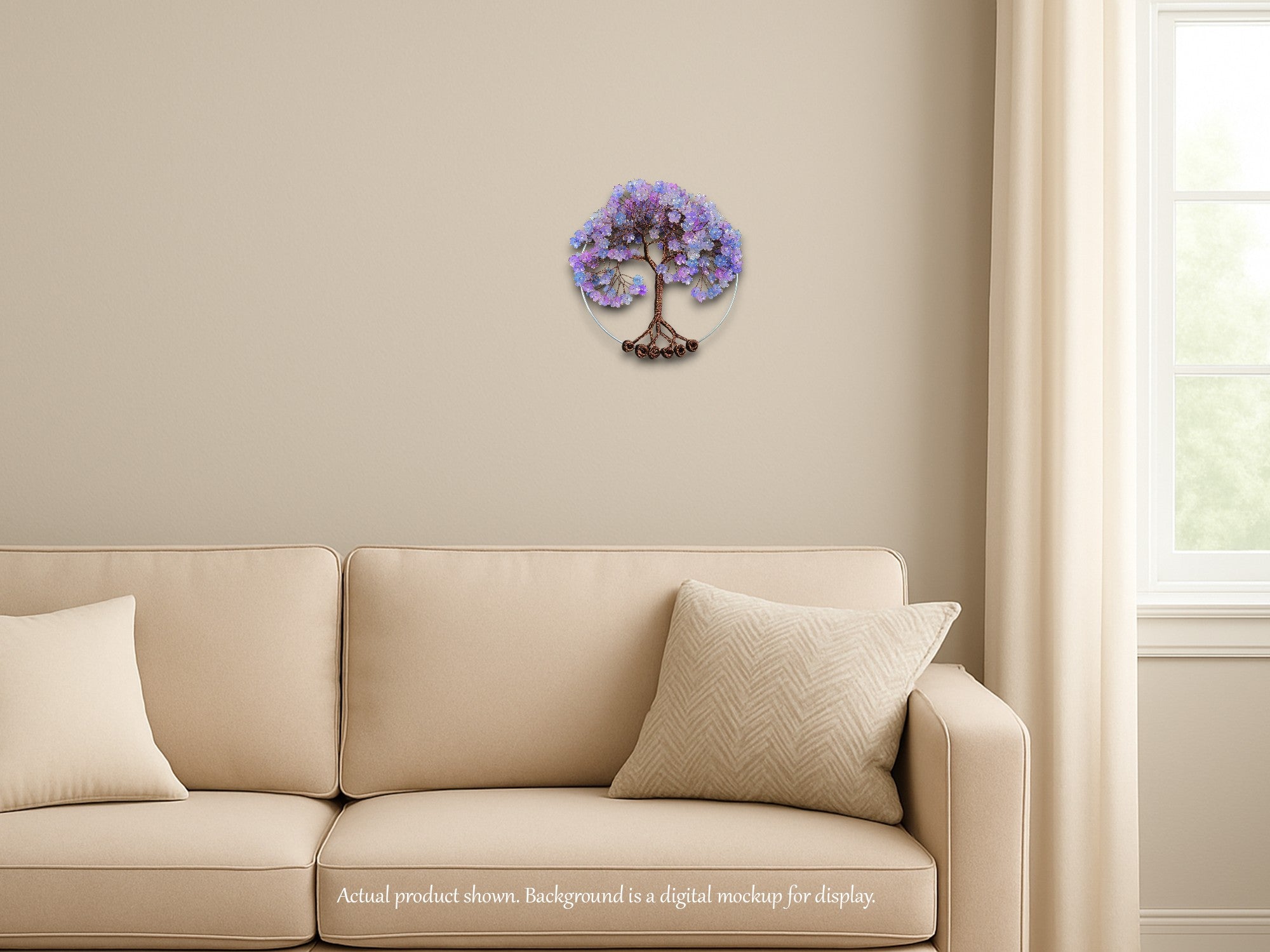 Decorative wall piece on a beige wall above a beige sofa with decorative pillows.