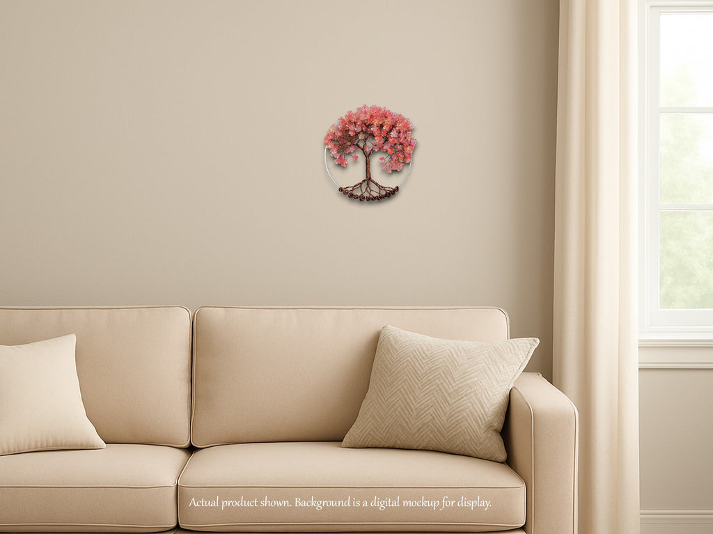 Decor with floral design on a beige wall above a beige sofa.