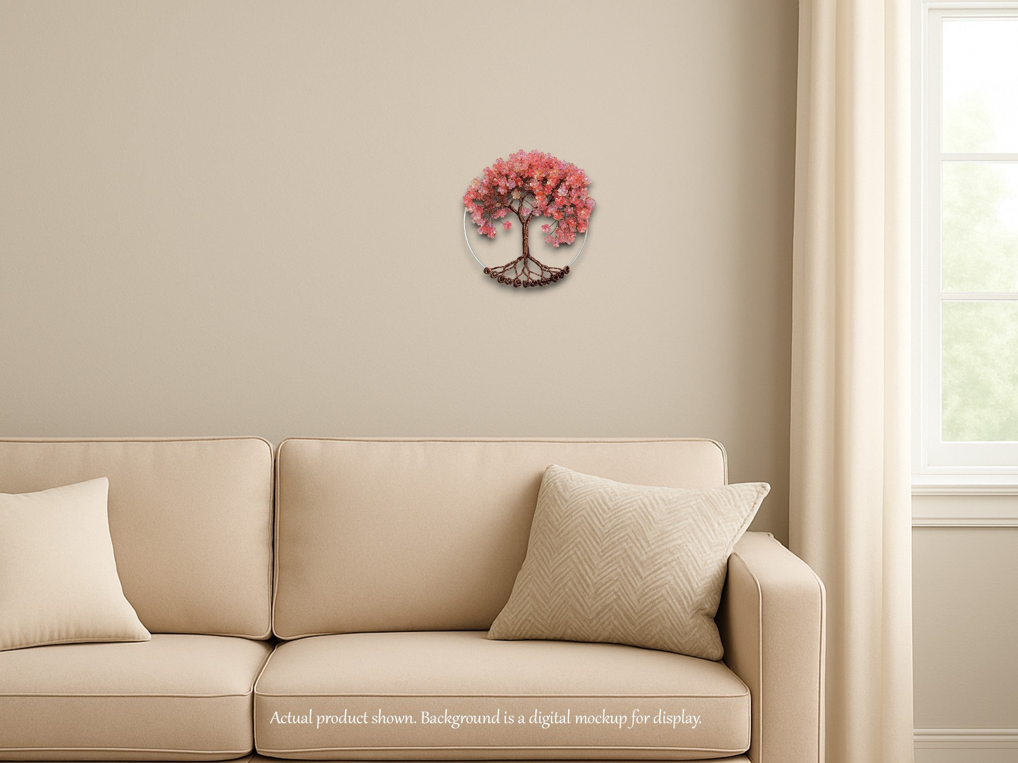 Decor with floral design on a beige wall above a beige sofa.