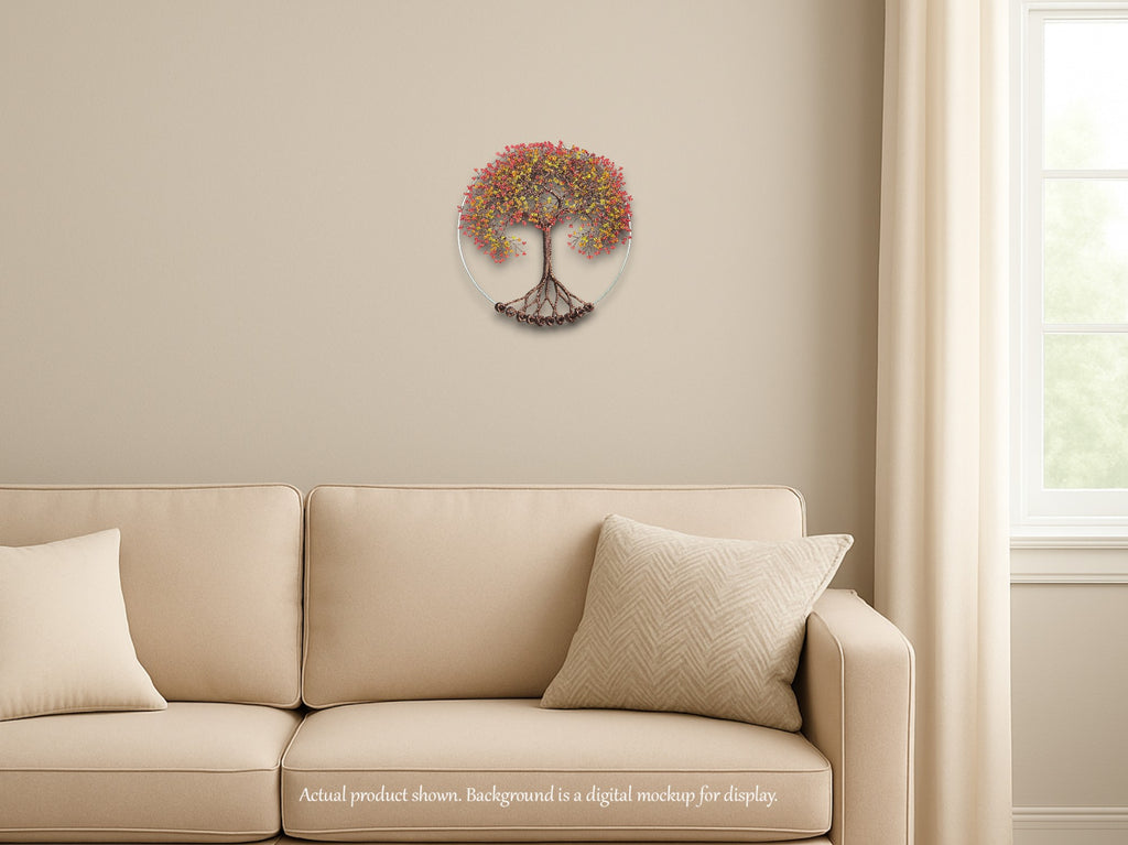Beige sofa with decorative pillows in a living room setting, featuring a wall art piece.