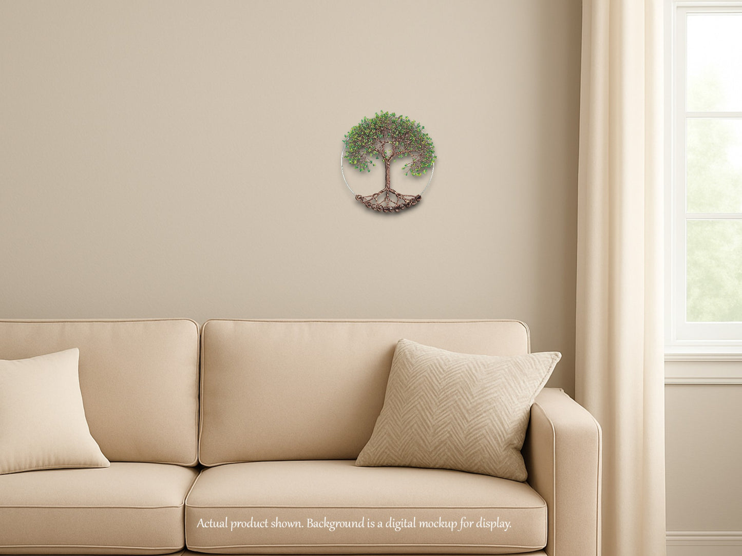 Beige sofa with decorative pillows in a living room setting, featuring a wall clock with a tree design.