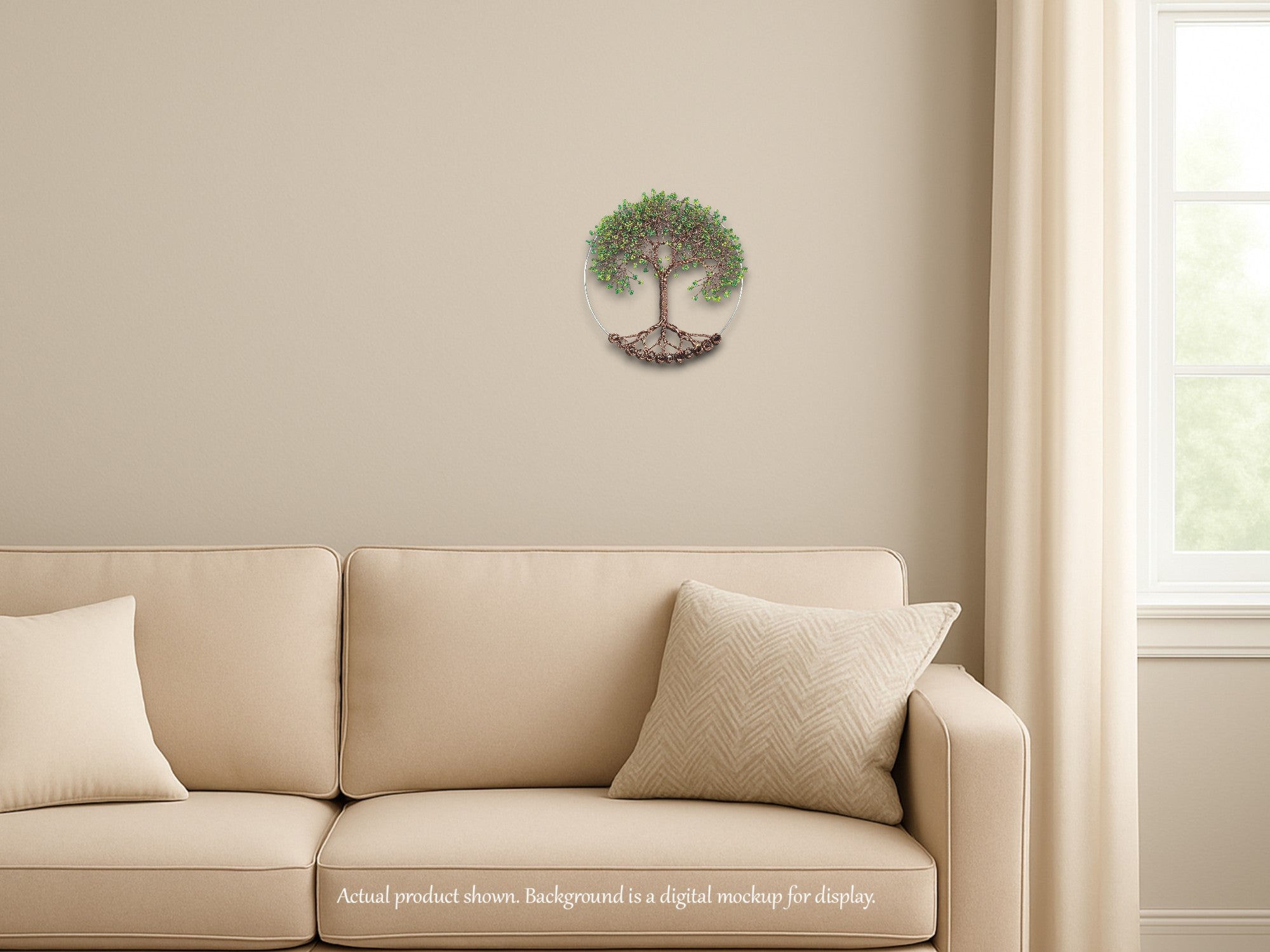 Beige sofa with decorative pillows in a living room setting, featuring a wall clock with a tree design.