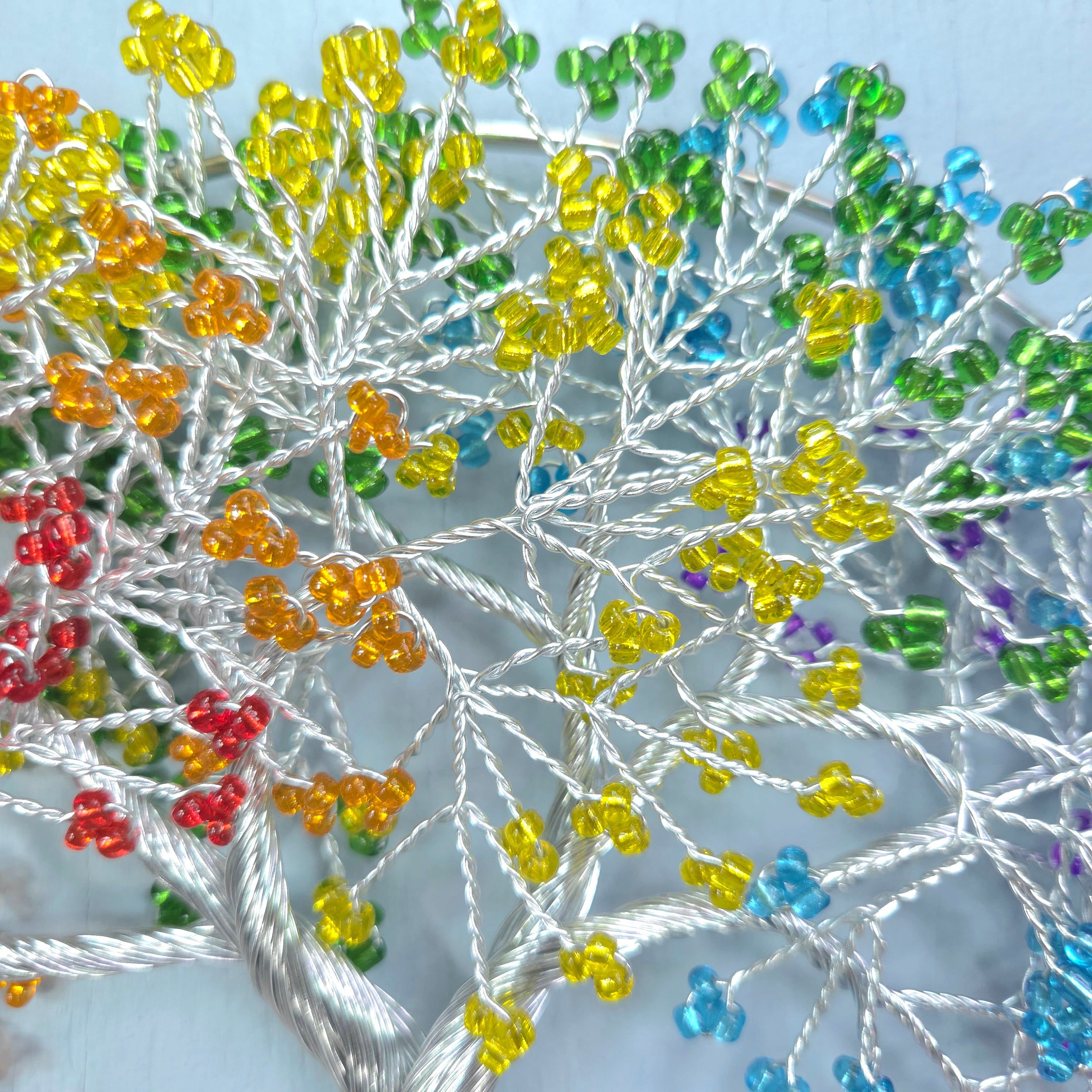 Close-up of colorful beadwork on a white background