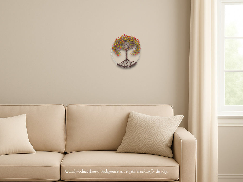Beige sofa with decorative pillows in a living room setting, featuring a wall clock with floral design.