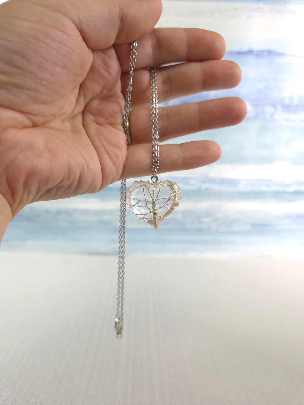 Clear Quartz Heart Tree of Life Pendant