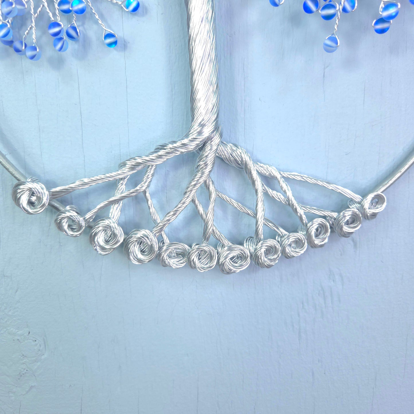 Small Blue "Moonstone" and Silver Wall Hanging Wire Tree - 10 inches
