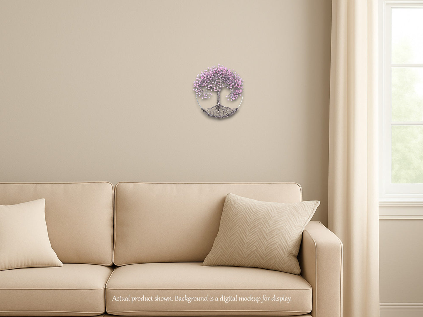 brown wire tree with pink beads and beige background