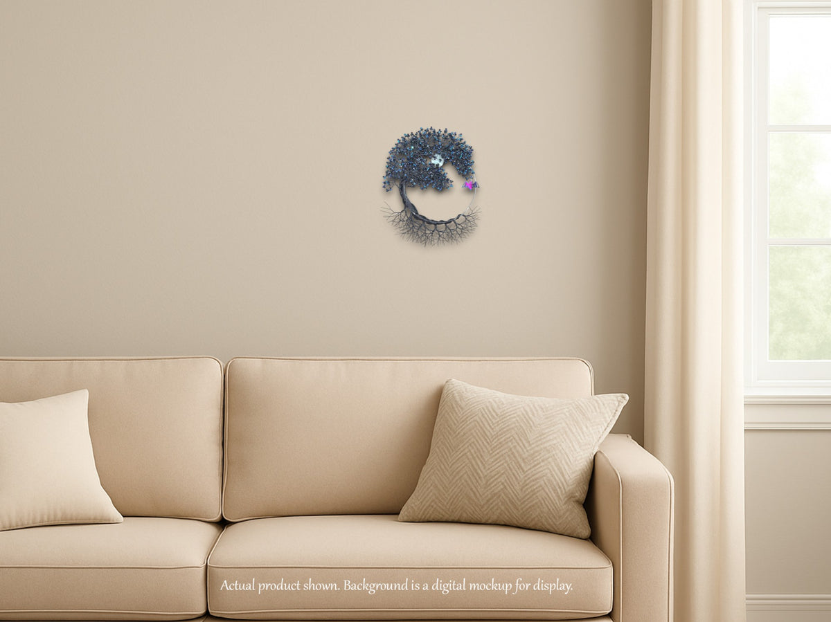 A circular wall decal or sticker featuring a stylized blue hedgehog face with a purple flower accent, displayed on a beige wall above a cream-colored sofa in a mockup room setting.