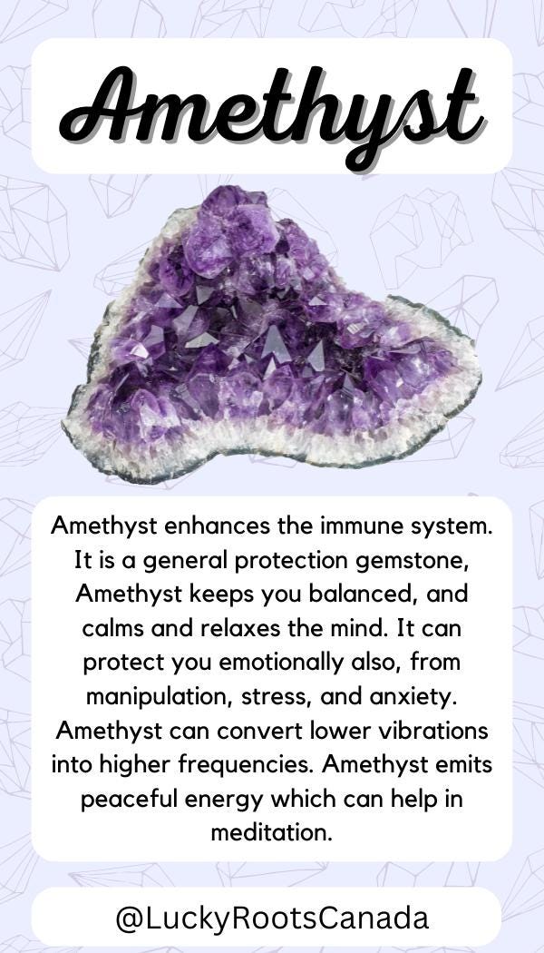 Amethyst crystal with information about its properties on a light purple background