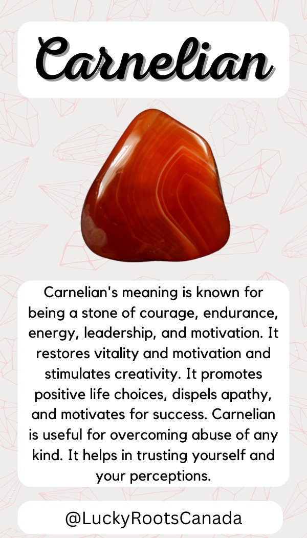 Carnelian stone with descriptive text on a light background