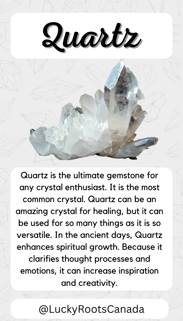 Quartz crystal with descriptive text on a light gray background
