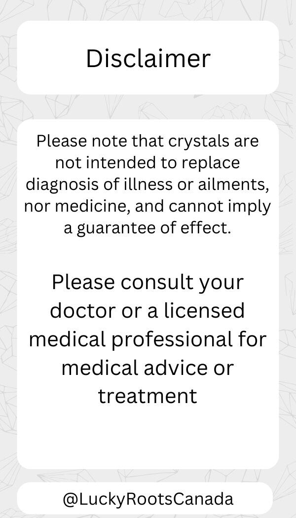 Disclaimer text about crystals and medical advice on a light gray background