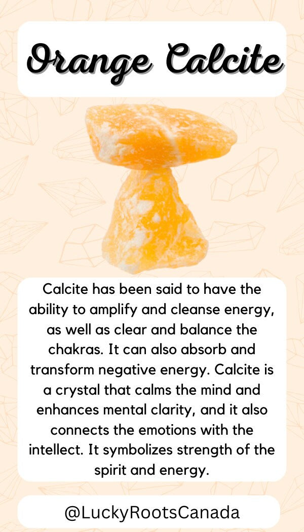 Orange calcite crystal on a beige background with text about its properties.