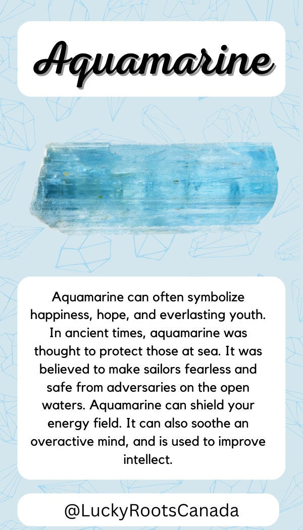 Aquamarine crystal with descriptive text on a light blue background