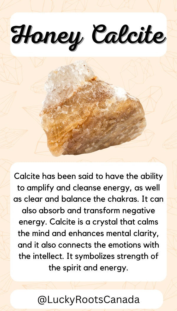 Honey calcite crystal on a beige background with text about its properties.