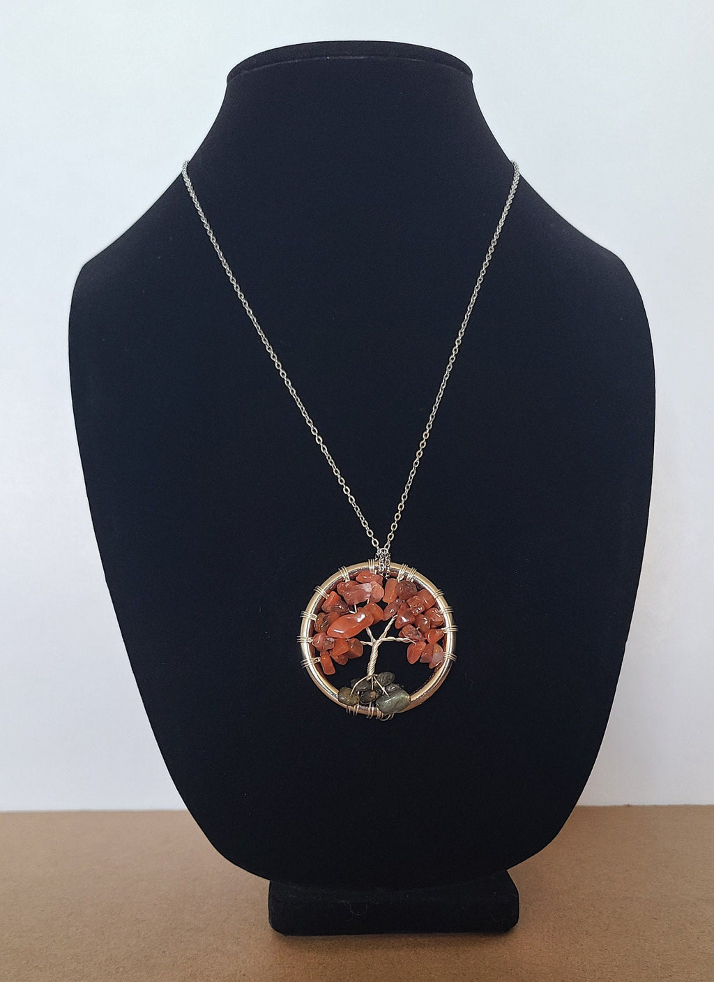 Necklace with a circular pendant on a black bust against a white background