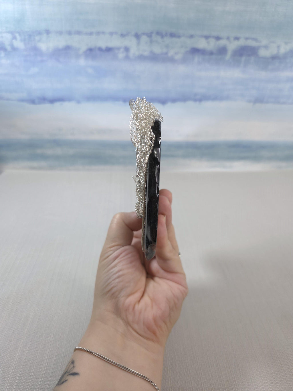 Hand holding a hairbrush with a blurred background