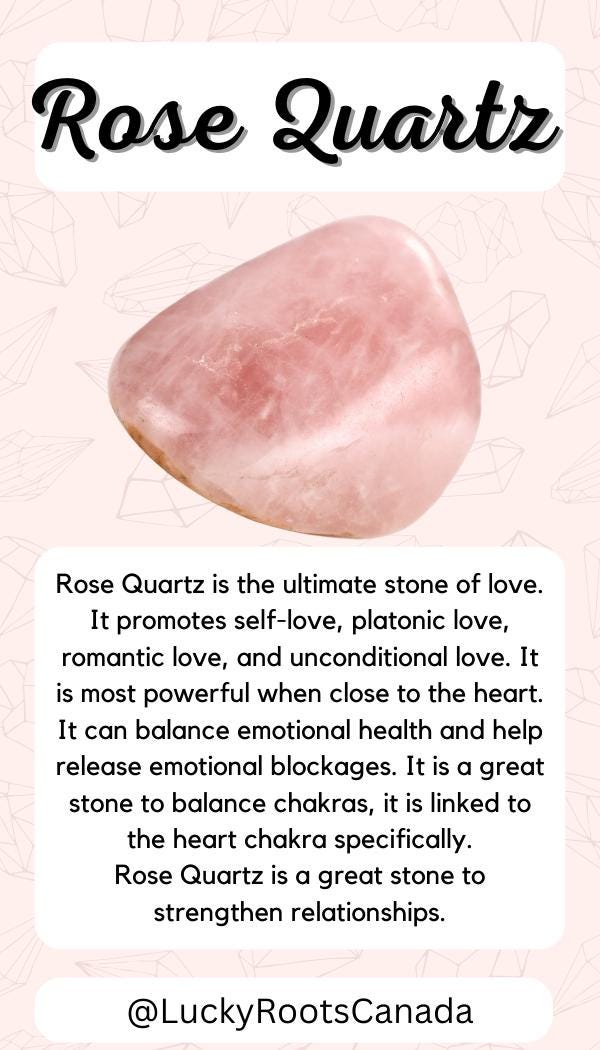 Rose Quartz stone with descriptive text on a light pink background