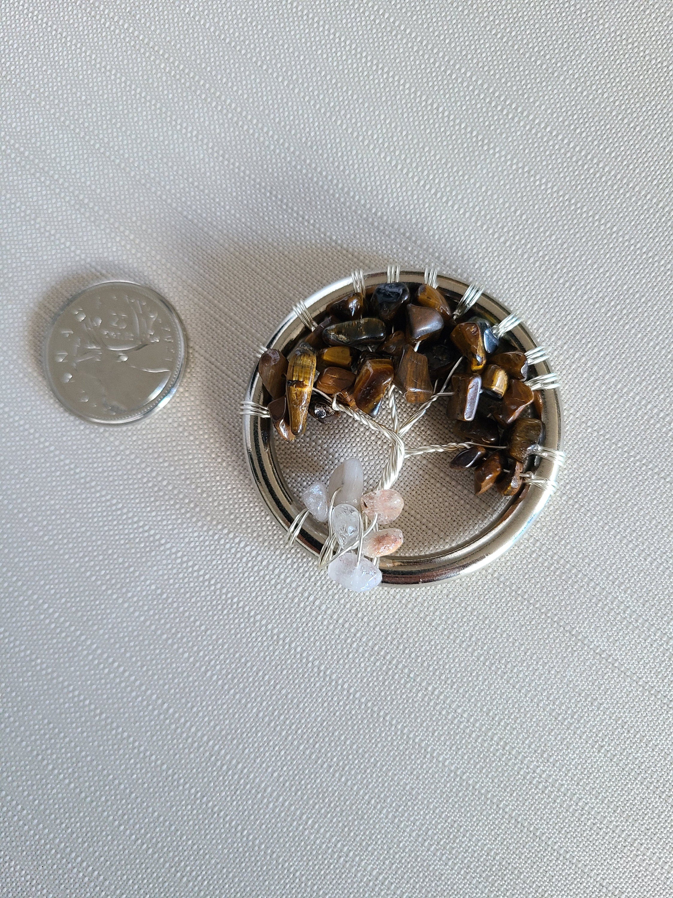 Small round container filled with decorative stones next to a coin on a light gray background