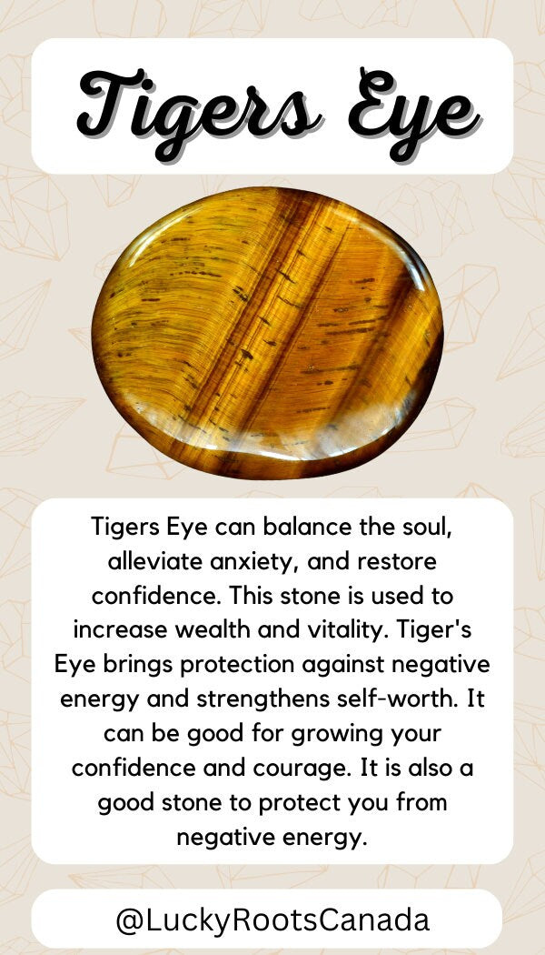 Tiger's Eye stone with descriptive text on a beige background
