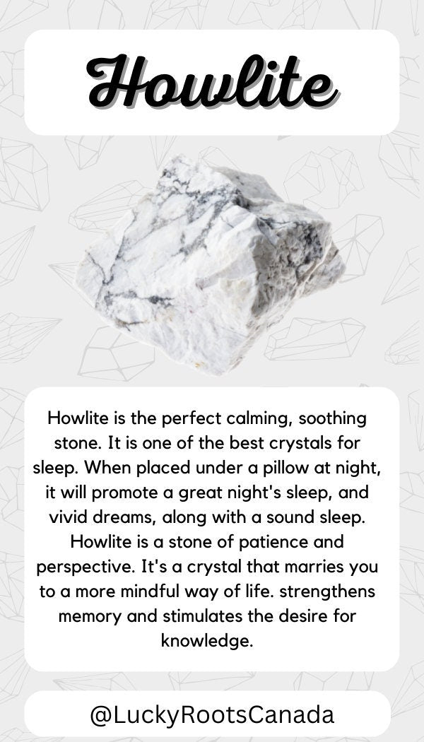 Howlite crystal on a light gray background with text about its properties.