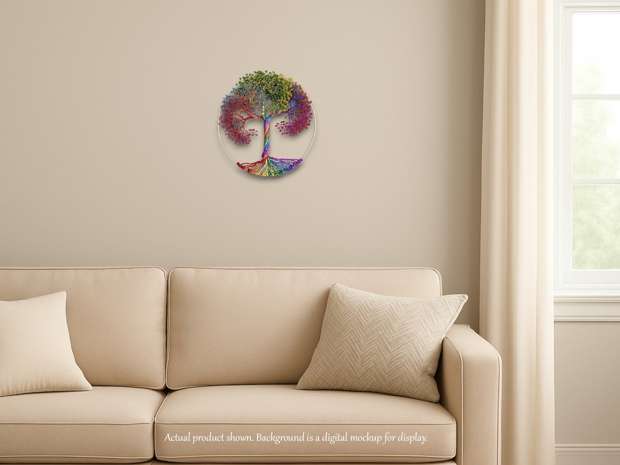 Decorative wall clock with a colorful tree design on a beige wall above a beige sofa.