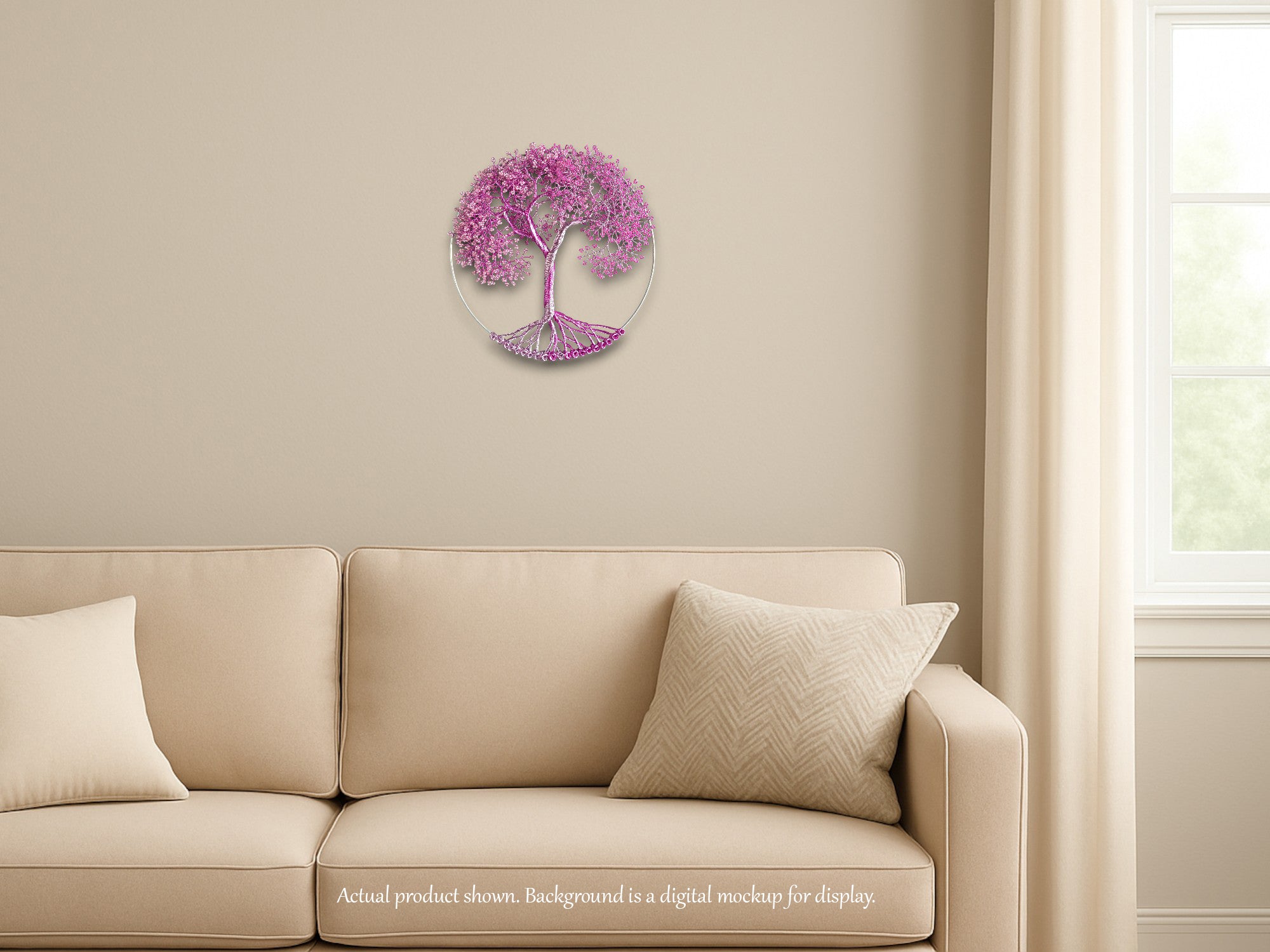 Decorative wall clock shaped like a tree with purple leaves on a beige wall above a beige sofa.